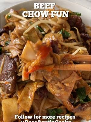 Beef chow fun #hawaiifoodie #easynoodlerecipe #chowfun  INGREDIENTS: 1/2 lb beef flank steak, cut against the grain and thinly sliced 1/2 tsp baking soda 1/2 tsp cornstarch 1/2 tsp sugar 1 tbsp soy sauce 1 tsp dark soy sauce 1 tsp sesame oil 1/4 tsp garlic powder 1/4 tsp ground white pepper 2 pkg fresh rice noodles, cut into wide strips Half a medium onion, sliced 3 garlic cloves, minced 1 tsp minced ginger 1 bunch green onions, cut into 2-3 inches (reserve white ends of the green onions and slice thinly) 1 cup bean sprouts Sauce: 2 tbsp dark soy sauce 2 tbsp regular soy sauce 2 tbsp oyster sauce 1 tsp sesame oil 1 tsp sugar 1 tbsp shao xing wine (optional, but highly recommended) 1 tbsp neutral oil