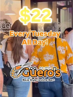 Share this video! $22 ALL YOU CAN EAT TACOS… all our tacos are available. Baja Fish Tacos, Shrimp Baja Taco, Enchilados, Papagayo.. all of them…. Every Tuesday All Day! Join us..  (CHINO HILLS, CORONA, UPLAND) 📍LOCATIONS:  4200 Chino Hills Pkwy #115, Chino Hills, CA 91709 1550 W 6th St #108, Corona, CA 92882 1902 N Campus Ave, Upland, CA 91784 #BajaStyle #BajaStyleCevicheBar #TheOriginalCevicheBar #MariscosElGuero #bajatacos #allyoucaneat #allyoucaneattacos #localrestaurant #gueros  *Offer available at participating locations. Manager restrictions apply. Dine in only.