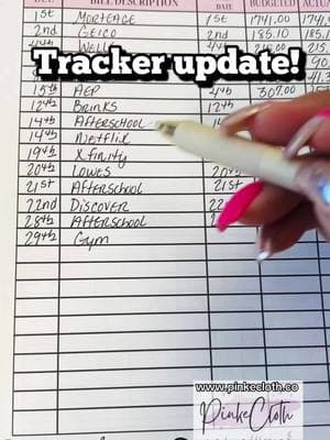 Budget planner update: Monthly bill tracker 🤑 I like to keep track in real time of bills being paid and coming out.  #budgetplanner #cash #budgeting #lowincome #managemoney #pinkecloth #apinkeclothlife #personalfinance #finances #savings #monthlybills #budgetbypaycheck #savingmoney