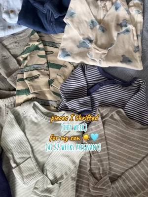 this weeks thrift finds for my son ☀️🩵  #secondtrimester #pregnanttiktok #junebaby #2ndtrimester #2ndtrimesterpregnancy #firsttimemom #bumpdate #pregnantlife #boymom #babyboy #expecting #thrifted #thriftedbabyclothes #thriftinghaul 