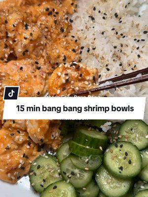 15 MINUTE BANG BANG SHRIMP BOWLS🍤🎇 Ingredients: Raw shrimp Seasonings: garlic powder & paprika Cornstarch, arrowroot powder, OR flour  Avocado oil  Sauce— Sweet chili sauce Mayo Siracha Optional for serving: rice, cucumbers, and sesame seeds 1. Defrost your frozen raw shrimp by adding the shrimp to a bowl of cold water. Once the shrimp is defrosted, peel and pat the shrimp dry 2. Add seasonings (garlic powder & paprika) and corn starch OR arrowroot powder OR flour to shrimp 3. Heat a pan with avocado oil and once hot, add the shrimp. Let it cook for 3 minutes on each side on high heat   4. While the shrimp is cooking, combine 1 cup Mayo, 1/4 cup sweet chili sauce, and 2 tablespoons of siracha in a bowl. I end up adding an extra tablespoon of siracha, but taste it first!! 5. Combine shrimp with bang bang sauce and  enjoy!!!😋😋😋😋 #EasyRecipe #shrimpbowl #shrimptok #shrimp #dinnerwithme #DinnerIdeas #dinnertime 