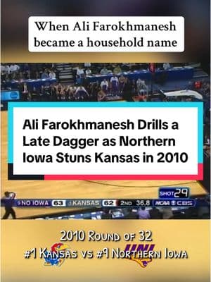 2010 Round of 32 - Ali Farokhmanesh drills a clutch late dagger 3 as Northern Iowa stuns overall top seed Kansas #MarchMadness #ncaatournament #ncaabasketball #collegebasketball #cbb #northerniowa #kansasjayhawks #rockchalk #alifarokhmanesh #dagger #clutch