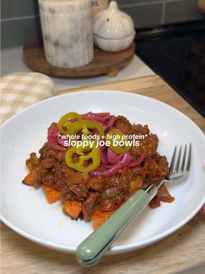 sloppy joe bowls 🍠🍅 recipe below! INGREDIENTS:  - 1 pound of ground beef  - 1 large sweet potato  - 1 green bell pepper  - 1 yellow onion  - 5-6 cloves garlic (minced)  - garlic powder ~1/4 tsp - Salt + pepper  - Olive oil  FOR THE SAUCE:  - 1 tsp yellow mustard  - 1 tsp Dijon mustard  - 3 tbsps ketchup  - 2 tbsps coconut aminos (or tamari)  - 2 tbsps tomato paste  - 1 tsp apple cider vinegar  - Sprinkle of sea salt  - 1/4 tsp black pepper  - 1 tbsp chili powder  INSTRUCTIONS:  - Preheat your oven to 400 degrees - Peel and dice your sweet potato into cubes.  - Place your diced sweet potato into a microwave safe bowl, add a sprinkle of sea salt and cover with a damp paper towel. Microwave for 3-4 minutes.  - While that cooks in the microwave, dice your green bell pepper and yellow onion.  - Line your baking sheet with parchment paper, add your steamed sweet potato. Drizzle with olive oil and season with salt, pepper and garlic powder.  - Pop in the oven for 25-30 minutes or until they reach a crispiness of your liking.  - Mince 5-6 cloves of garlic then heat up your skillet over medium heat, add a splash of olive oil. Add your minced garlic, diced pepper and diced onion. Stir until just softened ~1-2 minutes.  - Then add in your ground beef. Break it up til it’s brown you know the drill. Once it’s mostly browned, add in your condiments for the sauce (listed above). Mix until fully combined and sauce is thickened. Remove from heat and it’s time to plate!  - I serve over my roasted sweet potato, top with pickled red onions, jalepeno and regular pickles! 1000/10 every single time. Can’t wait for you to be obsessed too 🤞🏻🤭 @H-E-B @Caraway Home #sloppyjoe #healthydinner #highprotein #whole30 #wholefoodsdiet #wholefoods #proteinpacked #dinnerfortwo #healthydinnerideas #glutenfreerecipes #dairyfreerecipes #dairyfree #glutenfree 