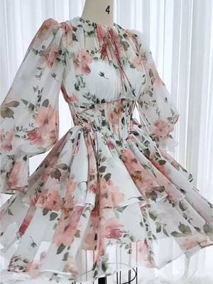 Long sleeves corset floral print chiffon tiered mini dress #sewing #dress #gown #fashion #creative #hautecouture 