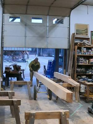 24 foot heavy timber solo move into the Workshop on timber cart #workshopatthegardens #welcomingpavilionatthegardens #timberframe #timbercart 