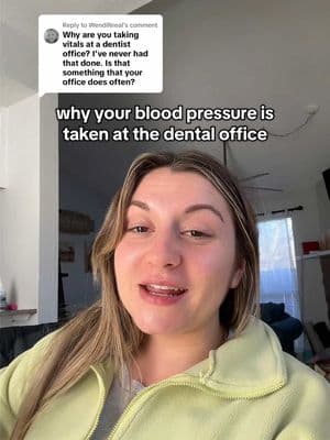 Replying to @WendiNreal dental hygienist explaining why we are required to take your blood pressure at the dental office #dentalhygienist #dentalhygiene #dentaladvice #dentaltips #oralhygienetips #oralhygiene #bloodpressure #bloodpressurecheck #dentalhygieneschool #dentalhygienestudent #LifeHack 