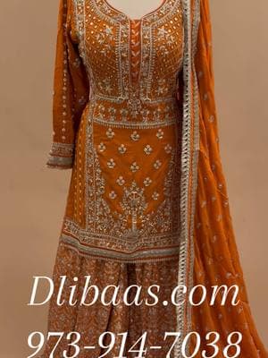 Heavy hand work embroiderey on dasheen fabric party wear orange color palazzo suit with matching dupatta  #dlibaas #palazzo #palazzosuit #indiansuit #palazzoset #indianpartywear 