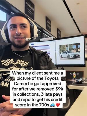 When my client sent me a picture of the Toyota Camry he got approved for after we removed $9k in collections, 3 late pays and repo to get his credit score in the 700s 🚙❤️ #fixmycredit #creditscoretips #credirepair #fypシ #creditrepairservices #nationwide #theoffice #collections #creditscoretips #firstcar #financialfreedom #credito #finance101 #viralvideo #credithacks 