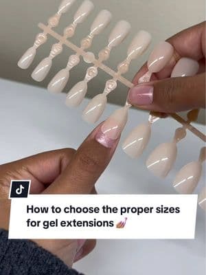 How to choose the proper gel extension size 💅🏽✨ Correct sizing helps your retention and the overall look of your tips once they are applied. They will look so natural! #gelextensions #gelnails #diygelnails #diynails #nailsathome #geltips #gelx #nailtutorial #nailextensions #nailsforbeginners 