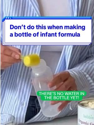 If you're just getting started with baby formula, you might be wondering how to make a formula bottle. The right way to make a bottle is to start with water, then add your scoops of formula! Always be sure to read the instructions on the back of your Bobbie can and use 1 scoop for every 2 fl oz of water🍼 #babyformula #formulafeeding #bottlefeeding #babysafety #formulafeedingmom 