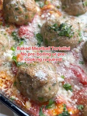 Baked Meatball Tortellini  Ingredients: - 1lb of 93/7 ground turkey or beef  - 1/2 cup fresh parsley, minced + extra for optional topping  - 1/2 cup grated parm or pecorino romano + extra for topping (I HIGHLY recommend the Locatelli brand!) - 1/3 cup Italian seasoned breadcrumbs  - 1 large egg  - 2-3 garlic cloves, minced - 1 Tbsp onion powder  - 1/4 tsp ground black pepper - 24 ounces frozen cheese tortellini  - 24 ounces passata tomato sauce/puree - 6 ounces jarred or premade pesto, excess oil drained - 1/3 cup water  - Shredded mozzarella for topping to your liking - see recipe directions.  - Optional minced parsley garnish  (For the frozen tortellini, passata, and pesto, get as close to the ounces listed as possible, going a little over, if necessary! Each brand can vary slightly and that’s ok!) Baked Meatball Tortellini Directions: 1. Preheat oven to 375 degrees Fahrenheit.  2. In a mixing bowl, fully combine the ground turkey, bread crumbs, 1/2 cup grated cheese, 1/2 cup fresh parsley, minced garlic, egg, onion powder, and ground pepper, ensuring everything is evenly mixed together. Set aside.  3. In a sprayed casserole dish (I used 9x13), fully combine passata, pesto, & water. Dump in frozen tortellini and fully incorporate until all tortellini are covered in sauce and layered as evenly as possible. 4. Using about 2 Tbsp of meat mixture at a time, roll the meat into meatball shapes, placing each meatball on top of the frozen tortellini mixture so that they are evenly spaced apart. You should get about 12-14 meatballs. 5. Top with a sprinkle of shredded mozzarella & grated cheese to your liking, cover with sprayed foil, and bake for 40 minutes. Uncover. Bake for an additional 10 minutes. Top with additional grated cheese & fresh parsley if you’d like and enjoy!  #tortellini #bakedtortellini #meatballs #groundturkey #easymeal #EasyRecipe #easypastarecipe #mozzarella #weekdaydinner #easydinnerideas 