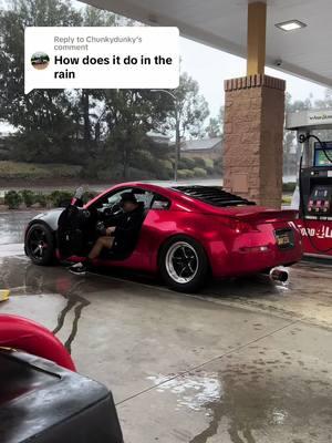 Replying to @Chunkydunky got stuck at this gas station after a random rainstorm came in strong, luckily I wasn’t too far from home so I full sent it home, definitely not ideal to drive it in the rain but it’ll make it as long as you’re careful and drive slow 🤝 #fyp #foryou #foryoupage #boosted350z #turbo350z #rearmountturbo #cars 