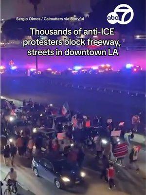 Thousands of people marched in downtown Los Angeles Sunday in protest of President Donald Trump's planned mass deportations blocking several streets and causing "major gridlock," according to the Los Angeles Police Department. #trump #antiice #protest #laprotest #abc7news 