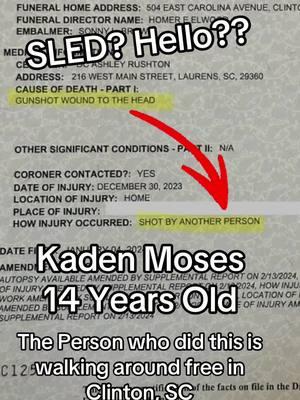 Justice for Kaden Moses: The Truth is in Black and White Kaden Moses’ death certificate clearly states he was shot by someone else. So why haven’t prosecutors taken action? Why is his family still waiting for justice? The facts don’t lie, but the system seems to be looking the other way. It’s time for answers. Who is protecting the shooter? 🚨 Share this. Demand justice. 🚨 #JusticeForKaden #KadenMoses #JusticeDelayedIsJusticeDenied #ProsecuteTheShooter #TrueCrime #CrimeAndCask #SouthCarolina #GunViolence #HoldThemAccountable #NoMoreCoverUps #TrueCrimeCommunity 