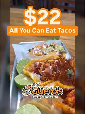 $22 All You can eat Baja Style Tacos. HOW MANY TACOS CAN YOU EAT? Every Tuesday. All Day! Restrictions Apply. Only Participating Locations.  Dine-in Only. Have to finish in one seating. Only 2 per person once the first 2 are done you can order more. Can’t take it to go. #allyoucaneattacos #mariscoselguero #bajatacos #tacos #tacotuesday 