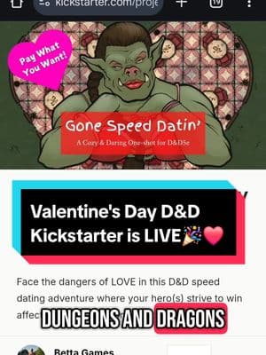 Gone Speed Datin' is LIVE on Kickstarter! 🎉🥂😍💘 #ValentinesDay #dndromance #romcom #cozydnd #dnddowntime #dndoneshot #dndkickstarter #orcs #dndorc #dndart #dndhomebrew #dndtiktok #dnd #ttrpgs #kickstarter #dnd5e #greenscreen #ZackApplewhite #ApplewhiteGames 