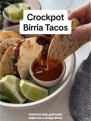 ⭐️ Crockpot Birria Tacos  This simplified version of birria tacos is made in the crockpot and calls for easy-to-find spices, plus jarred salsa, and dried chiles. The cooking liquid turns into a delicious dipping sauce for the iconic crispy, cheesy tacos that you see on so many restaurant and food truck menus.  ⭐️ FOR THE RECIPE ⭐️  👉🏼 Tap the link in our bio then use the search bar on our website for “Birria Tacos”  #therealfooddietitians #healthyrecipes #recipes #birriatacos  