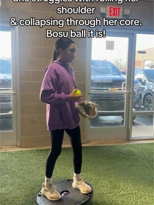 Strong core and balance are essential to a solid foundation!  11u, Layla, working on balance, core, and not rolling her shoulder. When her weight shifts too far forward, she feels it more standing on the ball.  #bosu #bosuball #pitchingmechanics #pitchingdrills #pitchinglessons #fastpitch #corework #11usoftball #softballtiktoks 