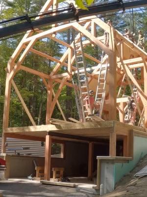 Full assembly of a 24’ x 36’ Douglas fir forever home featuring a hammer beam truss followed by a SIP shell installation. • • • • #timberframe #timberframing #education #course #housebuilding  #homebuilding #woodworking #shelterinstitute #explore #construction #homeownership #handmade #Home #thinkbuildlive 