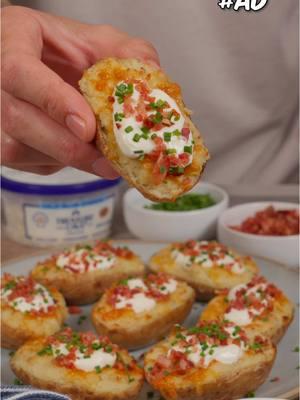 #ad These mini loaded Treasure Cave Mild Blue Cheese and bacon stuffed potato skins will score points with everyone at your next gathering. I teamed up with @Treasure Cave Cheese to add their NEW Mild Blue Cheese to this game-day-winning appetizer. #FueltheFunky #mildbluecheese #gamedayappetizer