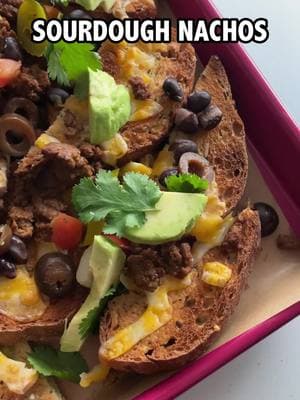 The big game calls for bigger and better snacks 🏈 Meet sourdough nachos! All the delicious toppings you love on game day but on our gut-healthy, seed oil-free sourdough bread! Share this recipe with anyone looking to swap a game day classic with a healthier version! Recipe deets below:  Ingredients:  1 Izzio Artisan Bakery Sourdough Half Loaf (we used our Lucky 7 Multigrain for some added fiber!) 3/4 c shredded cheddar jack cheese (we used @tillamook!) 1/2 c cooked ground beef with taco seasoning (we used @sietefoods seasoning!) 1/2 rinsed black beans 1/4 c pico de gallo 2 tbsp sliced black olives 2 tbsp pickled jalapeños  1/2 avocado, sliced 1/4 c cilantro leaves Lime wedges for serving  1. Toast Izzio Artisan Bakery Sourdough Half Loaf until golden brown. Cut slices into chip-sized wedges. 2. Prepare parchment-lined quarter sheet. Place toasted bread wedges evenly across sheet.  3. Layer cheese, beef, and beans.  4. Place under broiler until cheese is melted.  5. Remove from broiler, and finish with rest of toppings. Serve immediately.  #SuperBowl #superbowlrecipe #superbowlfood #gamedayfood #gameday #gamedaysnacks #nachos #sourdough #healthyfood #healthygroceries #seedoilfree #healthygamedayfood 