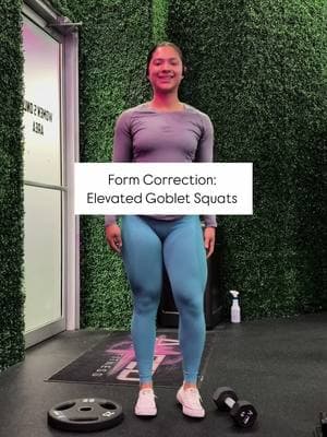 FORM CORRECTION: ELEVATED GOBLET SQUATS  Correct cues:  ✅BRACE THAT CORE!!!! Always tighten up your core to help stabilize you.  ✅Make sure to push back your hips to help avoid leaning forward  ✅Keep chest up high and chin forward to help keep spine neutral  ✅Keep knees pushed forward  ✅Push through your heels to engage those quads and to help you stay balanced!  Hope this helps!! 💜 #creatorsearchinsights #fy #consistency #form #formcorrection 