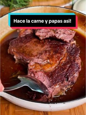 #braseado #carne Carne braseada con papas a la crema #carne #meat #braised #braseada #papas Una delicia, súper versátil y lo mejor es que mientras más económico es el corte, mejor te sale!!! ✨👏🏻 Ingredientes / Ingredients  Aceite vegetal, 3 cdas / Vegetable oil, 3 tbsp  Romero, 1 ramita / Rosemary, 1 sprig  Ajo, 3 dientes / Garlic, 3 cloves Carne de res, 2 kg (yo uso chuck pero puede ser cualquier corte como roast beef u osobuco) / Beef, 4 lb (I use chuck but it can be any cut like roast beef or ossobuco)  Sal // Salt Pimienta // Black pepper Vino // Wine Para las papas a la crema:  Papas, 1 kg // Potatoes, 2 lb  Crema, 500 ml // Heavy cream, 500ml Sal y pimienta a gusto // Salt and pepper to taste Queso mozzarella a gusto // Mozzarella to taste Preparación En una sartén con aceite, agregar la pieza de carne previamente salpimentada y los ajos en su interior (como se ve en el video). Dorar la carne por todos sus lados. Agregar el vino. Dejar evaporar el alcohol y luego tapar y llevar a horno a 180ºC durante dos horas. Reservar. Para las papas a la crema: Pelar y cortar las papas en rodajas. Darles una primera cocción en una olla con agua hirviendo, un chorrito de  vinagre de cidra de manzana y sal. Luego, disponer en un recipiente apto para horno, una base de papas en rodajas, agregar sal, pimienta, crema y queso mozzarella. Repetir este paso hasta terminar. Llevar a horno hasta cocinar. ***** Instructions In a frying pan with oil, add the previously seasoned piece of meat and the garlic inside (as seen in the video). Brown the meat on all sides. Add the wine. Cover and bake at 180ºC for two hours. Reserve. For the creamed potatoes: Peel and cut the potatoes into slices. Cook them first in a pot with boiling water, a splash of apple cider vinegar and salt. Then, place a base of sliced ​​potatoes in an oven-safe container, add salt, pepper, cream and mozzarella cheese. Repeat this step until finished. Place in oven until cooked.