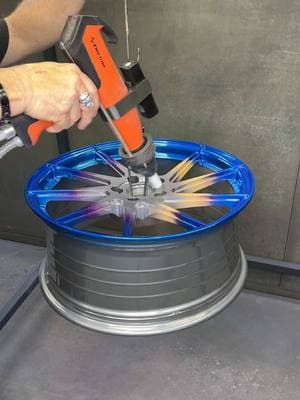 Heat Anodized look on a wheel? Why not! Our Supercharged Hose Barb and High Performance Nozzle for that buttery smooth cloud. Our Flexible Attachments make powder removal easy as pie. #InnovateToDominate #reels #viral #trending #powdercoat #powdercoating #powdercoatedwheels #coatingsbycoates  #prismaticpowders   