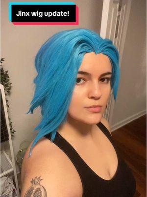 Jinx wig progress update!!!! I have so much work to do still, but I’m super happy with her!!! #arcane #jinx #leagueoflegends #cosplay #jinxwig #jinxcosplay #arcanecosplay #cosplaywig #wip 