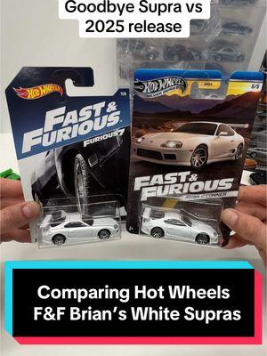 For 2025 we are getting a re-release of the most sought-after HWs F&F cars: Brian’s white Supra from the Furious 7 send off scene.  The first version was released to the Wal-Mart exclusive line in 2017 and featured front and rear tampos, lace style wheels, and cost around $1.29 retail. The card also featured the movie post art rather than a graphic version of the car. This car has also become a bit valuable and had been selling for $20-50 since it was first released around 8 years ago.  The 2025 release comes courtesy of the new Silver line and features full tampos (front, rear, and new side markers), new wheels, new tampo art on the head and taillights, and a slightly different shade of gloss white. The card now has a rendering of the HW Supra on the card to match the other cars released in the same wave. The cost of this line is $2.99 per car.  As far as a buyers guide to which is better? Personally I prefer the lace style wheels of the first release, so that would be my pick, but the 2025 car does have a bit cleaner tampos and lacks the dumb trademark line on the back of the first release, so really it’s up to you which one you feel like investing in.  🏁 #hotwheels #fastandfurious #hotwheelsfastandfurious #thefastandthefurious #fastX #furious7 #brianoconner #fastsupra #toyotasupra #hotwheelscollections #hotwheelscollector #diecast #diecastcars 