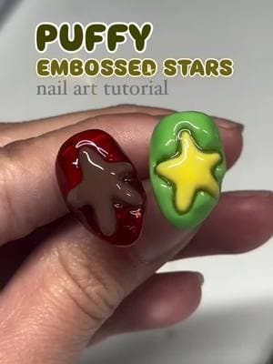 Easy puffy embossed star nail art tutorial!! Using @functionofvex Supersculpt. This tutorial uses only sculpting gel rather than medium viscosity gel that you see in other tutorials. Here I did 2 methods:  1. I sculpted the star using Supersculpt tinted with yellow from the Aura Melt Palette (tinting technique inspo from @piopionails) and pressed that into a thick layer of Supersculptx. The yelllow tint allows you to see the star shape better. I then went over the star again with yellow paint and the background with green paint. 2. The second method and perhaps easier one was to just paint the star before “embossing” it into the nail. This way i only had to paint the background of the nail and not the star after embossing.  Try it out and see which technique works better for you!  Use code: DIMSUM10 to save $$$!  #nailart#nailarttutorial#nails#nailtech#embossednails#3dnailart#3dnailarttutorial#gelx#gelxboston#bostonnails#bostonnailtech 