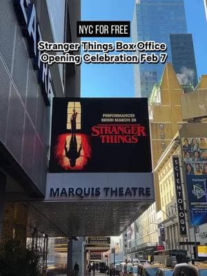 Stranger Things Box Office Opening Celebration Feb 7 🎭 #TheArtsInsiderPartner Stranger Things: The First Shadow (@stonbroadway) is opening on Broadway! Head to the box office opening for discounted tickets, giveaways & more: -From 10AM-12PM, get tickets for just $19.59 (to honor the year the show is set) -Enter an opening night lottery to win 2 tickets, free @RaisingCanes for a year, and a prize pack -Enjoy merch giveaways from Upsidedown hats to Raising Cane’s beanies & more! Don’t miss this Stranger Things Box Office Opening on Friday (and the show starting March 28!) 📍 Marriott Marquis Box Office (210 W 46th St) 🗓️ Friday February 7 ⏰ 10AM - 12PM #nycforfree #strangerthings #broadway #manhattan #strangerthingsonbroadway #strangerthingsthefirstshadow #musical #boxofficeopening #timessquare