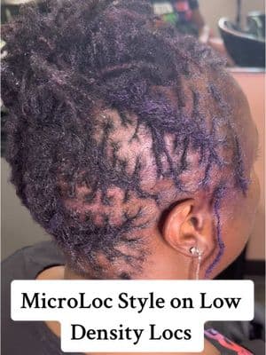 Her Locs are starting to fill out a bit and fluff as they grow 🌱  Here’s a good style for low density hair that wants a voluminous look while still having short hair.  Looking for a new stylist? Looking to start your own set of locs? Hit me up for more information on how to start and how to book 💯  #microlocs #microlocsjourney #microlocstyles #microlocks #lowdensityhair #lowdensitylocs #purple #purplehair #purplelocs #microlocsretightening #tightening #bluntcreations #bluntcreationsbymk #m_kstylist 