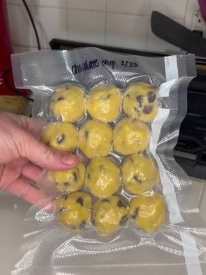 Chocolate chip cookies. In a large mixing bowl, add 1 cup (2 sticks) softened unsalted butter, 1 cup sugar, and 1 cup packed brown sugar. Stir until fully combined. Once combined, add 2 eggs - making sure to add 1 egg at a time and mixing between each add. After the eggs are added, add 2 tsp vanilla extract. Mix. Add 1 tsp baking soda and 1/2 tsp salt. Mix. Add 3 cups all purpose flour. Once fully combined, add 2 cups chocolate chips. And like before, mix again. Place cookie dough on a baking sheet and bake at 350 for 10-11 minutes. If frozen, bake a few extra minutes. #nospend #budget #budgeting #baking #cooking #madefromscratch #homemade #homemadefood #ingredientsonly #homemaker #homestead #simpleliving #foodpreservation #vacuumseal #freezer #deepfreezer #kitchenrestock #preservingfood #freezerstash #mealplanning #mealprepping #homemadekitchenrestock #hacks #KitchenHacks #kitchenstaples #homemadecooking #freezingfood #freezermeals #savingmoney #groceryshopping 