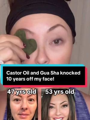 Castor Oil and Gua Sha knocked 10 years off my face! You can find my recommended oils and tools in my showcase here on my TikTok profile! 1/2 teaspoon castor oil  1/2 teaspoon jojoba  2 to 3 drops frankincense 2 to 3 drops rosehip #menopause #menopauseeducator #castoroil #antiaging #menopausesupport #frankincense #over40skincare #castoroilbenefit #guasha #facefitness #jojoba #rosehip