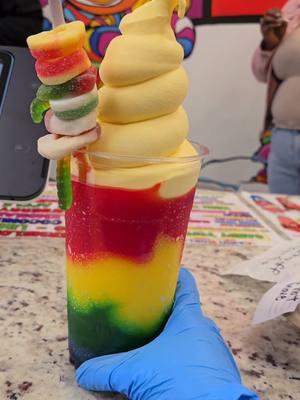 Rainbow Dole Float 😍 📍3300 Centerville hwy, Snellville Ga  STORE HOURS  Wed&Thu ⏰️12-7 Fri&Sat ⏰️12-8 Sun⏰️12-6 Mondays & Tuesdays ⏰️closed #slushie #dolewhip #gwinnett #georgia  #candystore #snellvillega #atlanta #thingstodoinatlanta 