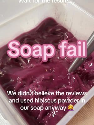 Soap failure! We didn’t believe all the reviews that said using hibiscus powder would not keep to the pretty purple color in cold process soap…. It’s still good, usable soap-just not what we were going for 😅 #goatmilksoap #soapfails