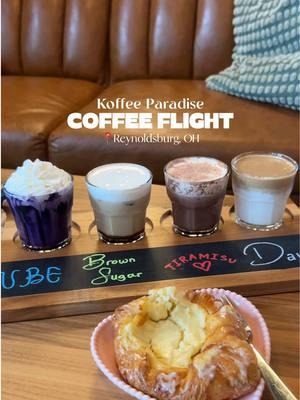 Koffee Paradise is serving up some of the best coffee, and the vibes are just as good! 💜 Their iced coffee flight of bestsellers—Ube, Brown Sugar, Tiramisu, and Dalgona—is a must-try, and their bakery items are just as delicious! 😍 #columbusohio #fyp #coffeeflight #coffeeshop #icedcoffee 