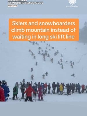 Some skiers and snowboarders decided to climb the mountain instead of waiting in the long line for the chair lift at a ski resort in Japan this week. ⛷️🏂 What would you do? Would you climb the mountain or wait in line?  #ski #skiing #snowboarder #snowboarding #skiresort #longlines #winter #wintersports #snow #accuweather 