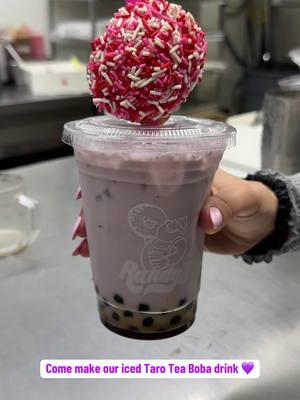 Come make our Iced Taro Tea boba drink with us! 💕And what is EVEN sweeter is our FREE Valentine’s day Randys round topper included w any hot or iced speciality drink! Now Available now until Feb. 16th #tarotea #elitecombo #energy #sweet #randysdonuts #boba #bobatea #yummy 