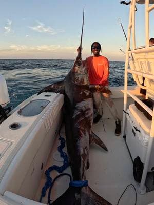 The fish of a lifetime! 430lb Swordfish airing more times than I can count before swimming down back and forth for 3 hours!  Unbelievable fish and experience with the homies!! Could not have asked for a better fish to be the first fish onboard⚔️ #iBelongOutdoors #XtraTuf #PennFishing #GoPro #DeepSea #Fishing #Florida #Swordfish #FishOfALifeTime #seacreatures