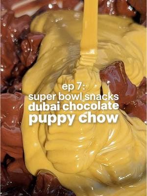 Super Bowl Snacks: Ep 7 Dubai Chocolate Puppy Chow •Follow @seriousfoodfetish for more recipes, restaurant recs & food trends• Episode 7 of the Super Bowl snack series is  dessert that’s the perfect snacking dessert. There’s so much food at Super Bowl parties, by the time dessert rolls around I feel like you kind of need something that’s not too much. Puppy chow is great because it’s small & snackable. Instead of making the typical puppy chow / muddy buddies with peanut butter, I’m giving it the Dubai chocolate bar spin & adding pistachio cream! #creatorsearchinsights #dubaichocolate #pistachio #SuperBowl #kansascity #philly #snack #muddybuddies #puppychow #EasyRecipe #food #dessert #fyp #asmr 