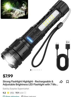 #Strong Flashlight Highlight - Rechargeable & Adjustable Brightness LED Flashlight with 7 Mo...#jumpstartsalenow#TikTokShop#flashlightrechargeable 