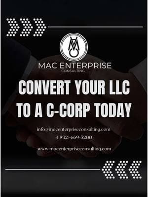 Ready to scale? Convert your LLC to a C-Corp for growth, funding, and tax benefits. Start today!” 📩 info@macenterpriseconsulting.com 📞 832-669-5200 🔗 MacEnterpriseConsulting.com #LLCtoCcorp #BusinessGrowth #LLCConversion #CcorpConversion #ScaleYourBusiness #BusinessFormation #EntrepreneurSuccess #TaxAdvantages #Incorporation #MacEnterprise 