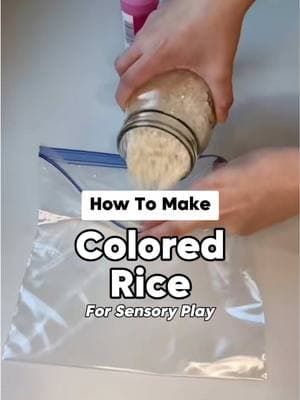 There are several different ways that you can color or dye rice for sensory play!!  Using paint provides a more vibrant, full coverage option. It also allows you to color your rice the exact color you want, based on the color paint that you add. You can also use food coloring, which results in a more translucent. Both are great options, depending on the color and style you want. AND both can be stored and played with for years!! #sensoryactivities #sensoryplay #sensoryideas #sensoryplayideas #kidsactivities #coloredrice #sensorybins #sensorybinideas 