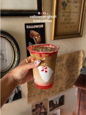 ghosties all year long in this house 👻💌 #valloween #icedcoffee #coffee #coffeerecipe #latte #coffeetiktok #spookycute #valoween #spookyvibes #ghostcoffee #ValentinesDay #valentinesdrink #halloween #icedlatte #fyp #ghostlatte #ghost 