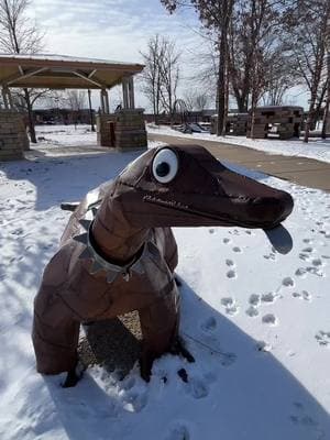 this is Dino 🦕 👋 #captureec #eauclairewi #eauclaire #wisconsin #visiteauclaire #travel #winter #midwest #sculpture #hey #heyheyhey #brittanybroski #dino 