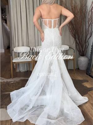 This or That: BACK EDITION!!  Which back of these mesh detailed gowns do you prefer?  #weddingdress #weddingday #bridetobe #laceweddingdress #corsetweddingdress 