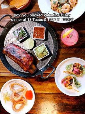 My team got a sneak peek at the special four course Valentine’s Day Dinner for two at @13 Tacos & Taps - Raleigh and WOW I can see why their reservations fill up so fast!  Dinner begins at 3pm and they still have lots of those early dinner slots available if you want a fabulous meal before your date night movie! They are also accepting walk ins all night on a first come first served basis.  Here’s a look at what you and your date will be served ♥️ 🍽️: 🥑 Pork Belly Bites: House Smoked Pork Belly Tossed in Salsa Roja & Stuffed in a Fresh Fried Corn Tostadita on a bed of Guacamole. 🍤 Shrimp Carbonara: Cork Screw Pasta, Tossed with Grilled Shrimp in a Slightly Spicy Sauce. “Chef’s Daughter’s Favorite”! 🍖 Ivan’s Cut: Huge Mexican Braised Beef Rib Birria Style Low & Slow. Served with all Traditional Fixins and house made Tortillas. 🍯 “ Traditional Buñuelos”: Delicate & Crunchy Dough Fritter lightly Sugar encrusted, drizzled with Gran Manier Orange Blossom Honey. This is seriously the Valentines Menu of my dreams!!! 😍 #raleighnc #919 #raleighfoodie #ncfood #raleighblogger 