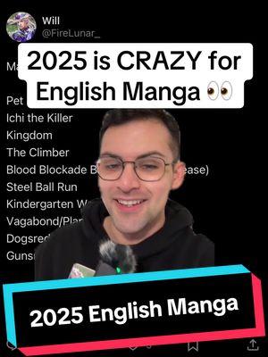 2025 is going to be a CRAZY year for English manga releases.. #manga #mangatok #petshopofhorrors #SBR #jojo #steelballrun #theclimber #ichithekiller #kingdom #bloodblockadebattlefront #kindergartenwars #vagabond #planetes #dogsred #mangas #gunsmithcats 